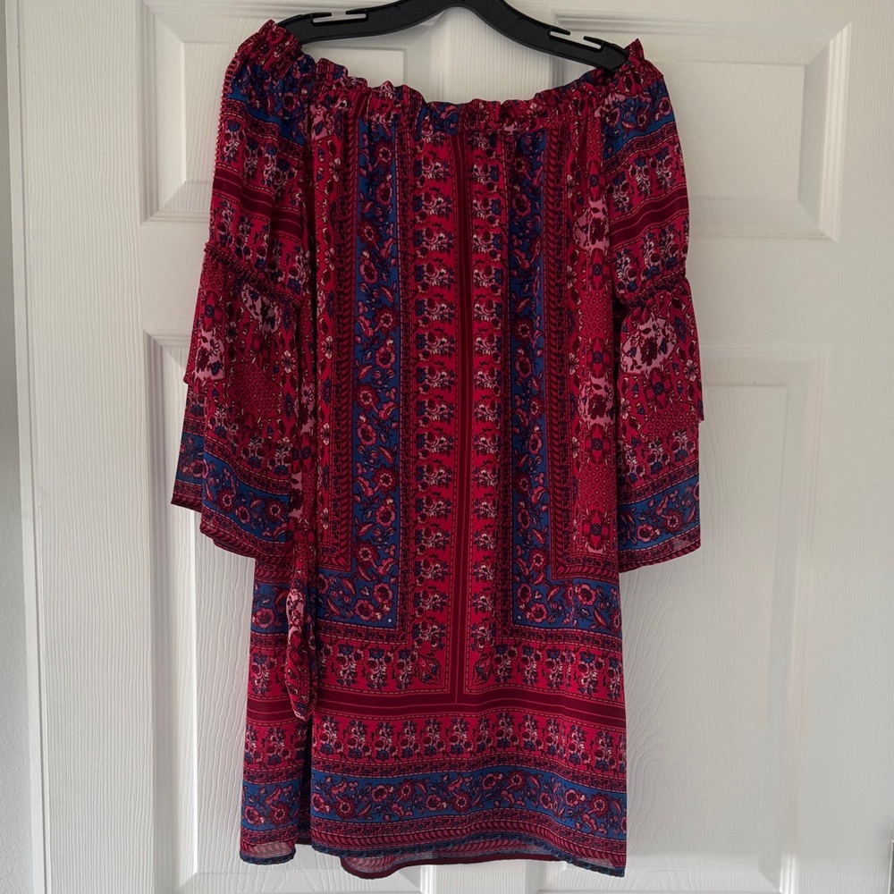 Kut from the Kloth Red and Blue Off-Shoulder Mini Dress